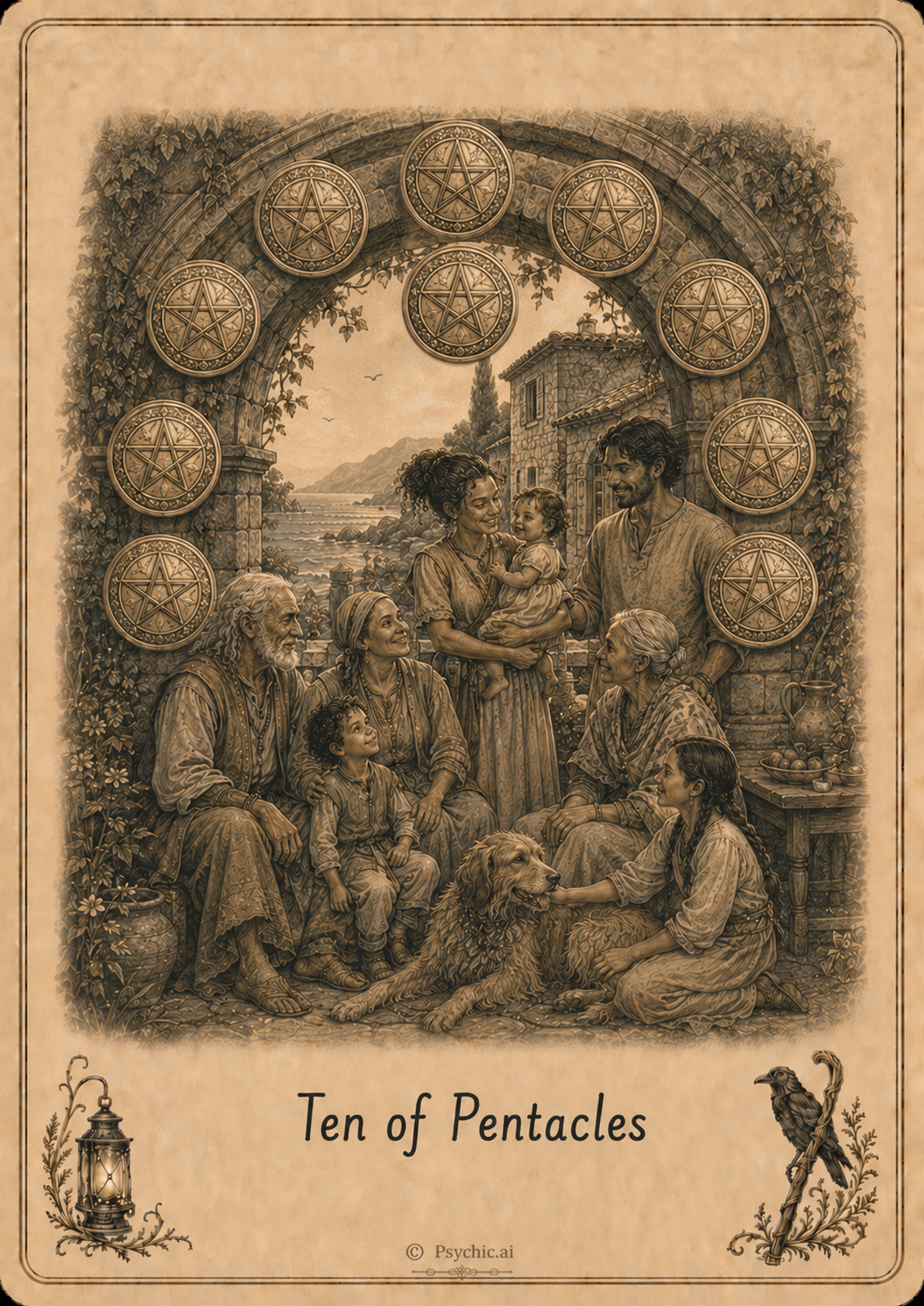 Ten of Pentacles tarot card illustration